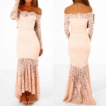 Sexy Off-shoulder Boat Neck Long Sleeve Fishtail Hem Lace Party Dress