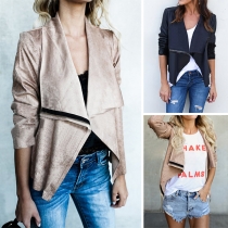 Fashion Solid Color Zipper Drape Lapel Open Front Faux Suede Coat