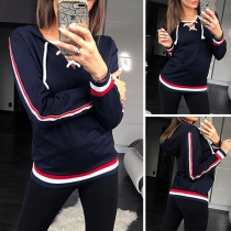 Fashion Contrast Color Long Sleeve Lace-up V-neck Hoodie 