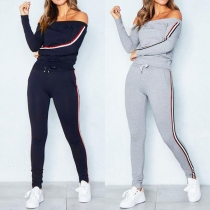 Sexig off-shoulder långärmad topp + byxor i två delar