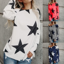 Fashion Long Sleeve Round Neck Star Printed T-shirt 