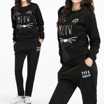 Cute Cat Ears Printed Long Sleeve Round Neck Sweatshirt + Pants Sports Suit