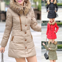 Fashion Long Sleeve Slim Fit Faux Fur Spliced Hooded Padded Coat