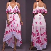 Sexy Off-shoulder Deep V-neck Irregular Hem Printed Sling Dress