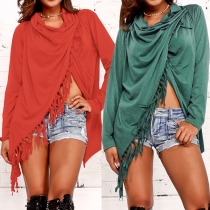 Chic Style Long Sleeve Irregular Hem Tassel T-shirt 