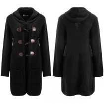 Retro Style Long Sleeve Hooded Horn Button Sweater Coat