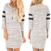 Fashion 3/4 Sleeve Round Neck Contrast Color Dress