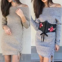 Sexy Off-shoulder Boat Neck Long Sleeve Slim Fit Lace-up Knit Dress