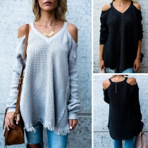 Sexy Off-shoulder Long Sleeve V-neck Tassel Hem Loose Sweater