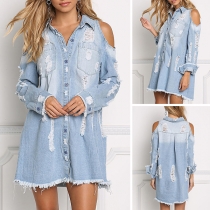 Sexy Off-shoulder Long Sleeve Frayed Hem Ripped Denim Dress
