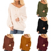 Chic Style Oblique Shoulder Long Sleeve Solid Color Loose Sweatshirt