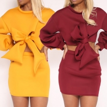 Sexy Long Sleeve Bowknot Crop Top + High Waist Skirt Two-piece Set