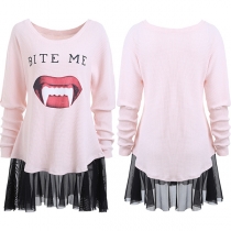 Fashion Red-lip Printed Long Sleeve Round Neck Gauze Spliced Hem Dress