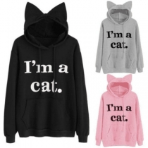 Cute Style Letters Printed Long Sleeve Cat-ear Shaped Hooded Sweatshirt