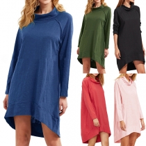 Fashion Solid Color Long Sleeve Mock Neck High-low Hem Dress