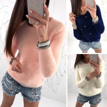 Fashion Solid Color Long Sleeve Round Neck Beaded Sweater