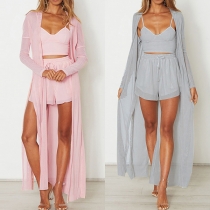 Fashion Solid Color Long Sleeve Slit Hem Long-style Cardigan 
