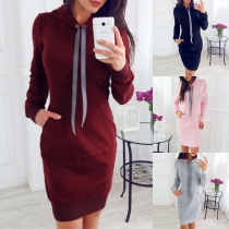 Fashion Solid Color Long Sleeve Slim Fit Hooded Sweatshirt Dress