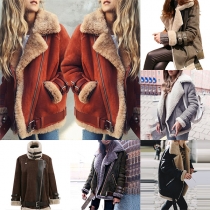 Fashion Long Sleeve Plush Lining Faux Suede Coat