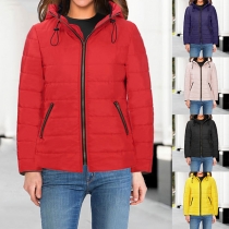 Fashion Solid Color Long Sleeve Stand Collar Hooded Padded Coat