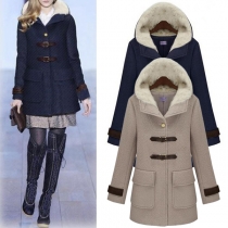 Elegant Solid Color Long Sleeve Single-breasted Hooded Woolen Coat