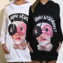 Fashion Letters & Human Head Printed Long Sleeve Hooded Sweatshirt Dress