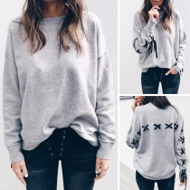 Fashion Solid Color Long Sleeve Round Neck Lace-up Sweatshirt 