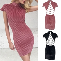 Sexy Backless Short Sleeve Mock Neck Tight Dress