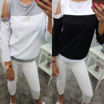Sexy Off-shoulder Long Sleeve Round Neck Contrast Color Sweatshirt