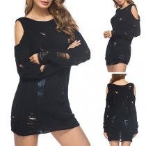 Sexy Off-shoulder Long Sleeve Round Neck Ripped Knit Dress