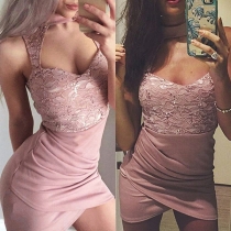 Sexy Hollow Out Lace Spliced Sleeveless Bodysuit