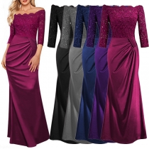 Sexy Off-shoulder Boat Neck 3/4 Sleeve Lace Spliced Evening Dress