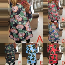 Fashion Long Sleeve Round Neck Santa Claus Printed Dress