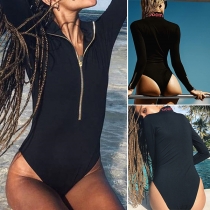 Fashion Solid Color Long Sleeve Stand Collar Bodysuit
