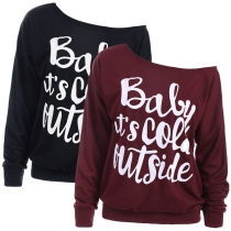 Sexy Oblique Shoulder Long Sleeve Letters Printed Sweatshirt