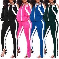 Fashion Contrast Color Long Sleeve Stand Collar Sweatshirt + Pants