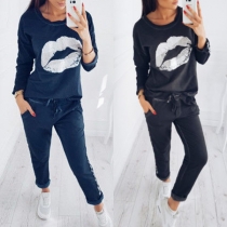 Fashion Lips Printed Long Sleeve Sweatshirt + Pants Sports Suit