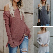 Sexy Off-shoulder Wide Neckline Long Sleeve Slit Hem Knit T-shirt