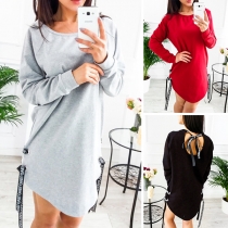 Sexy Backless Long Sleeve Round Neck Solid Color Lace-up Sweatshirt Dress