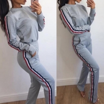 Fashion Striped Spliced Long Sleeve Round Neck Sweatshirt + Pants Two-piece Set