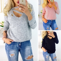Fashion Solid Color Long Sleeve Hollow Out V-neck Knit Top