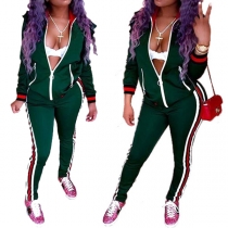 Fashion Contrast Color Ruffle Sports Coat + Pants Two-piece Set
