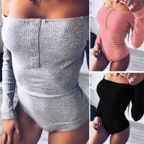 Sexy Off-shoulder Boat Neck Long Sleeve Solid Color Bodysuit