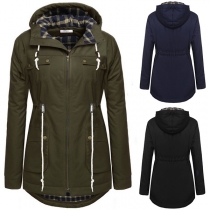 Fashion Solid Color Long Sleeve Drawstring Waist Hooded Coat