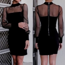 Sexy Hollow Out Gauze Spliced Long Sleeve Slim Fit Party Dress