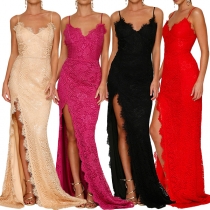Sexy Backless V-neck Slit Hem High Waist Lace Party Dress