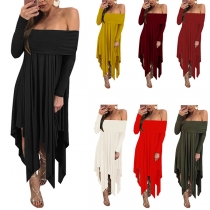 Sexy Off-shoulder Boat Neck Long Sleeve Irregular Hem Dress