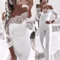 Sexig off-shoulder båthals spets skarvad långärmad kroppsstrumpa