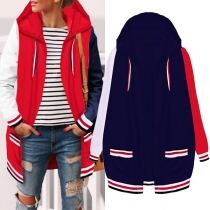 Fashion Contrast Color Long Sleeve Hooded Loose Sweatshirt Coat