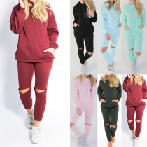 Moderiktig Enfärgad Långärmad Trasig Hoodie + Byxor Sportdräkt